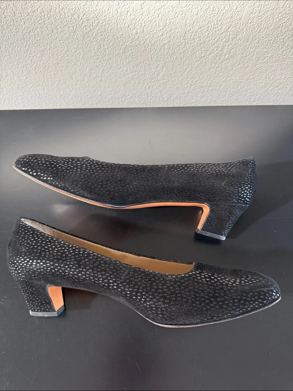 Salvatore Ferragamo Black Suede Pumps with Silver Dot Accents